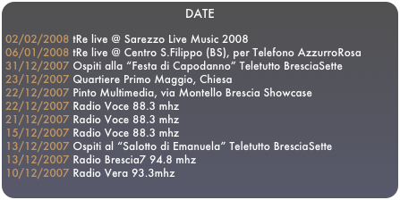 DATE
02/02/2008 tRe live @ Sarezzo Live Music 2008
06/01/2008 tRe live @ Centro S.Filippo (BS), per Telefono AzzurroRosa
31/12/2007 Ospiti alla “Festa di Capodanno” Teletutto BresciaSette
23/12/2007 Quartiere Primo Maggio, Chiesa 
22/12/2007 Pinto Multimedia, via Montello Brescia Showcase
22/12/2007 Radio Voce 88.3 mhz 
21/12/2007 Radio Voce 88.3 mhz 
15/12/2007 Radio Voce 88.3 mhz 
13/12/2007 Ospiti al “Salotto di Emanuela” Teletutto BresciaSette
13/12/2007 Radio Brescia7 94.8 mhz
10/12/2007 Radio Vera 93.3mhz